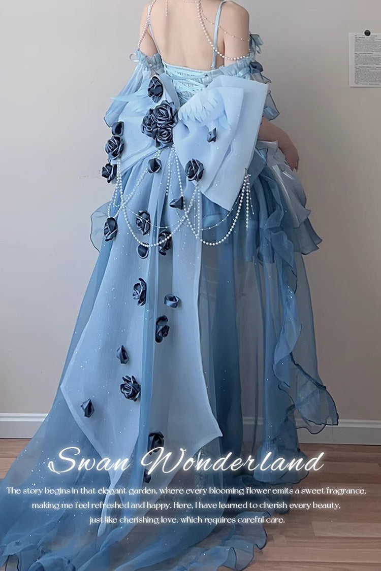 Sky Blue [Swan Wonderland] Embroidery Bowknot Lace-Up Sweet Ballet Lolita Jsk Dress Short Version - Product - 5