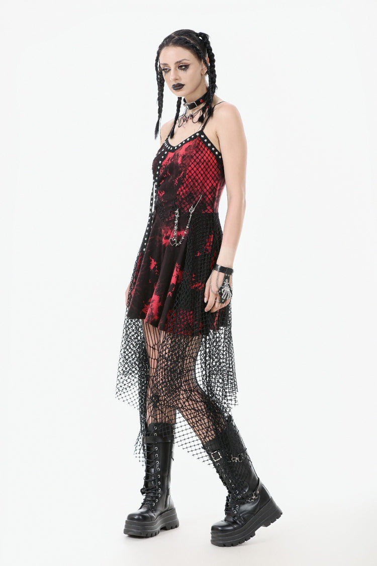 Red Sleeveless Mesh Hem Asymmetric Tie-dyed Women's Punk Slip Dress - Product - 2