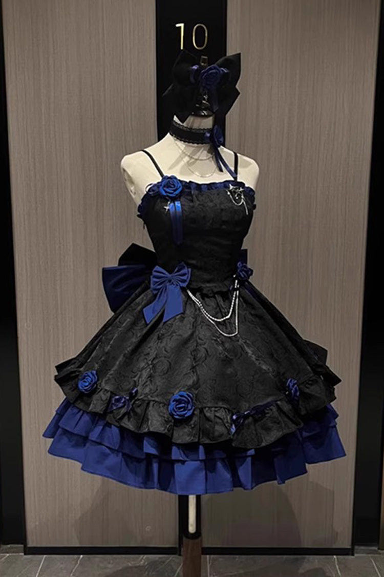Black/Blue Print Ruffle Bowknot Gothic Princess Lolita Jsk Dress - Product - 2