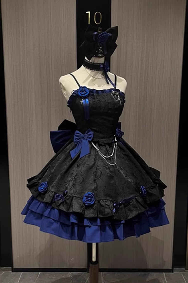 Black/Blue Print Ruffle Bowknot Gothic Princess Lolita Jsk Dress - Product - 2