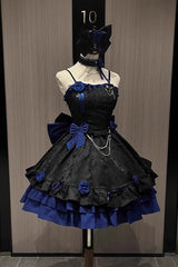 Black/Blue Print Ruffle Bowknot Gothic Princess Lolita Jsk Dress - Product - 2