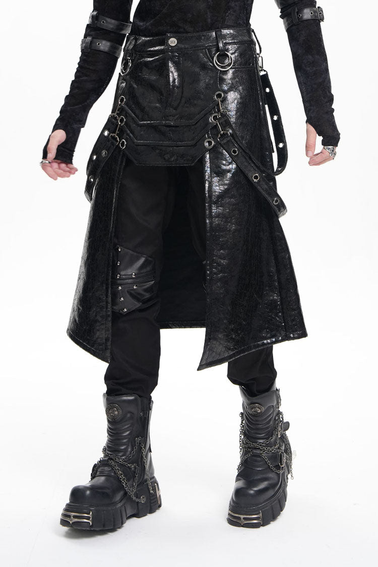 Black Faux Leather Stitching Eyelets Strap Rings Men's Gothic Skirt - Product - 6