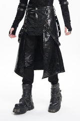 Black Faux Leather Stitching Eyelets Strap Rings Men's Gothic Skirt - Product - 6