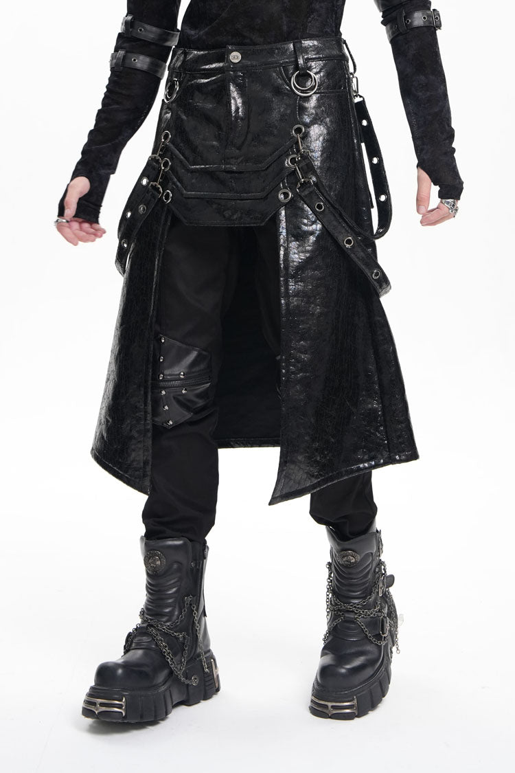 Black Faux Leather Stitching Eyelets Strap Rings Men's Gothic Skirt - Product - 6