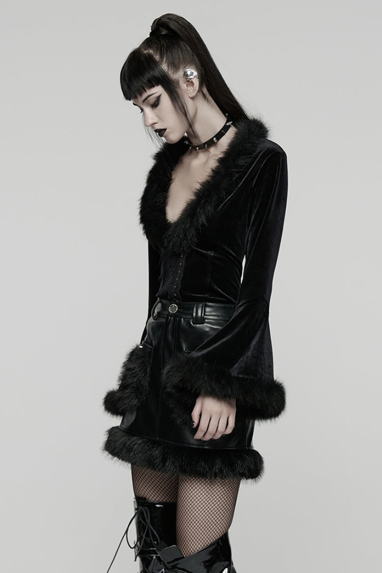 Black V Collar Long Sleeves Faux Fur Spliced Lace-Up Women's Gothic Cardigan - Product - 2