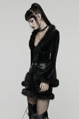 Black V Collar Long Sleeves Faux Fur Spliced Lace-Up Women's Gothic Cardigan - Product - 2