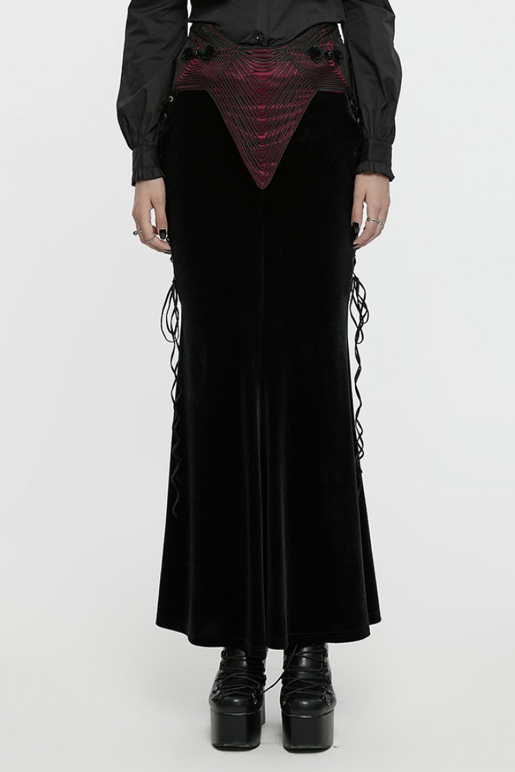 Black/Red Ruffle Rose Embroidery Lace-Up Women's Gothic Fishtailed Skirt - Black/Red - 1
