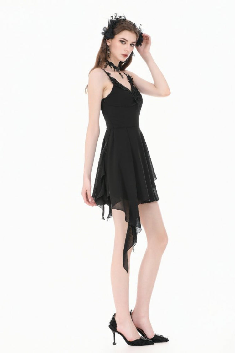 Black V Collar Lace Embroidered Asymmetric Women's Gothic Slip Dress - Product - 9