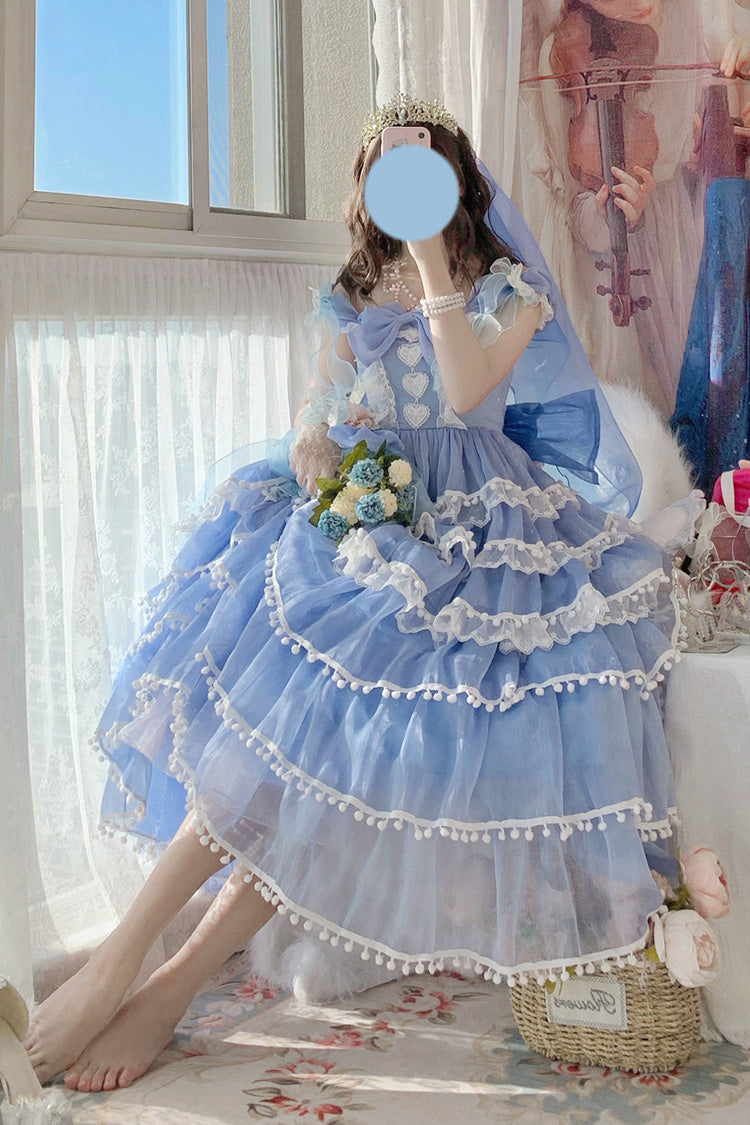 Blue Multi-Layered Ruffled Hanayome Bow Pearl-Decorated Sweet Lolita Jsk Dress Full Set 2 Versions - Product - 3