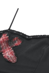 Black Strap Off Shoulder Asymmetric Side Lace-Up Eyelet Women's Punk Plaid Cross Bustier - Product - 12