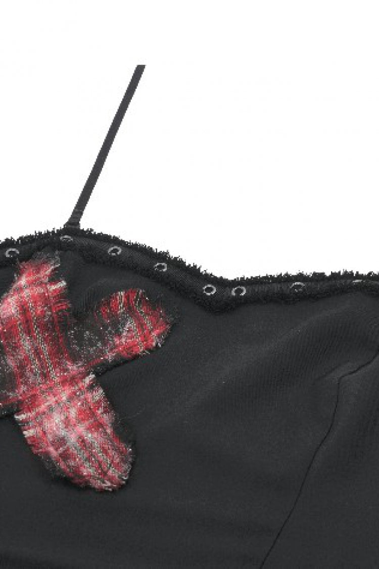 Black Strap Off Shoulder Asymmetric Side Lace-Up Eyelet Women's Punk Plaid Cross Bustier - Product - 12