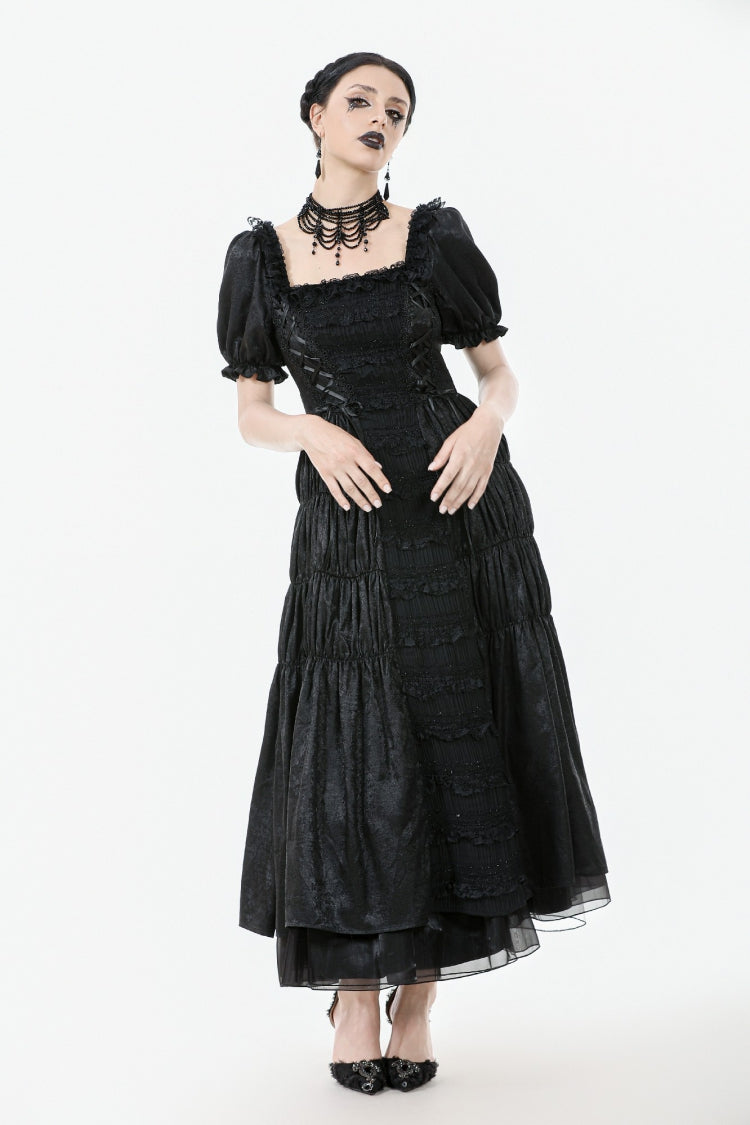 Black Lace Square Collar Short Puff Sleeves Lace-Up Ruched Women's Gothic Wedding Dress - Product - 8