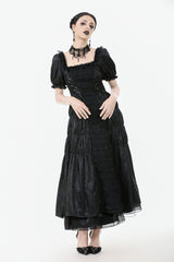 Black Lace Square Collar Short Puff Sleeves Lace-Up Ruched Women's Gothic Wedding Dress - Product - 8