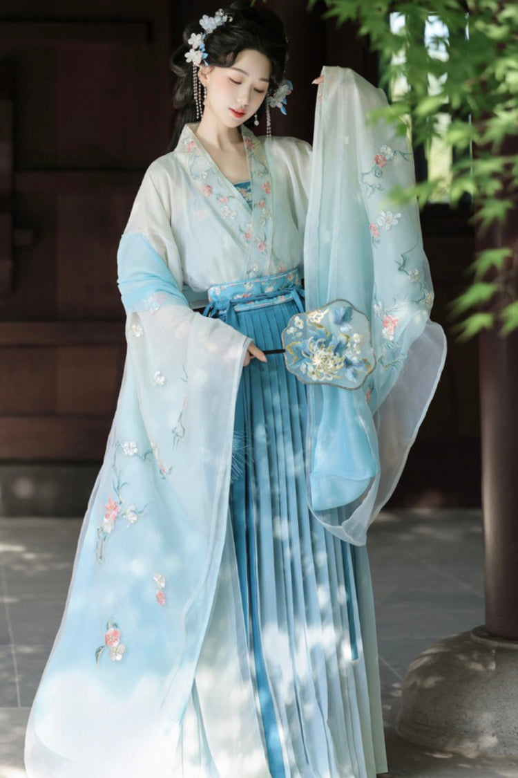 Blue [Spring Apricots] High Waisted Embroidered Women's Sweet Hanfu Dress Set - Product - 2