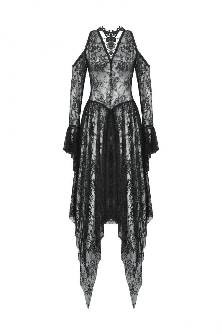 Black Off Shoulder Long Sleeves Women's Gothic Irregular Lace Dress Wedding Dress - Product - 3