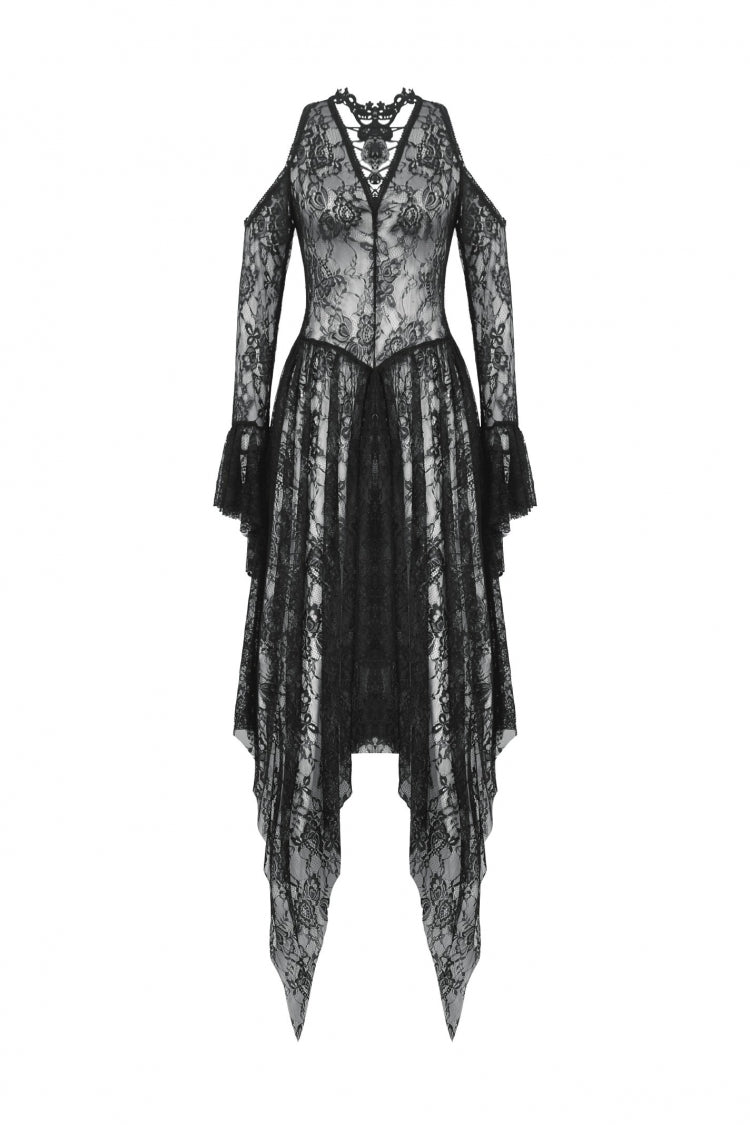 Black Off Shoulder Long Sleeves Women's Gothic Irregular Lace Dress Wedding Dress - Product - 3