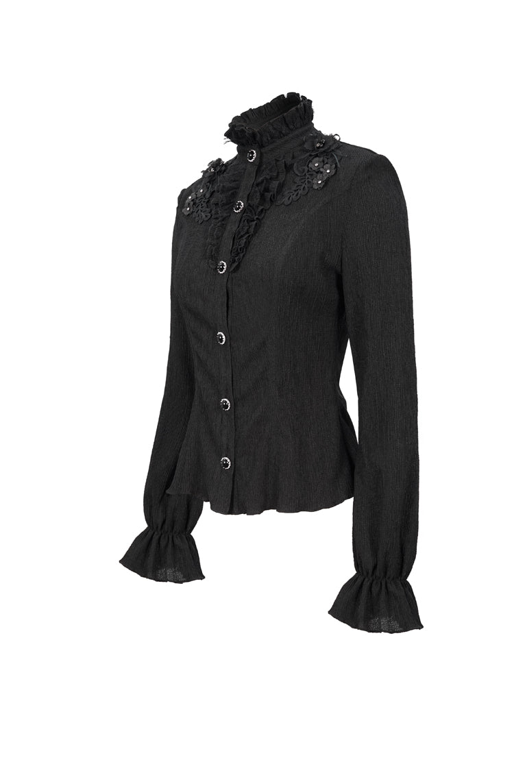 Black Lace High Neck Three Dimensional Embroidered Lantern Trumpet Sleeves Women's Gothic Shirt - Product - 7