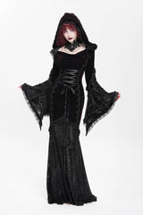Black/Red Long Trumpet Sleeves Embroidery Stitching Lace Hooded Mesh Women's Gothic Dress - Black/Red - 1