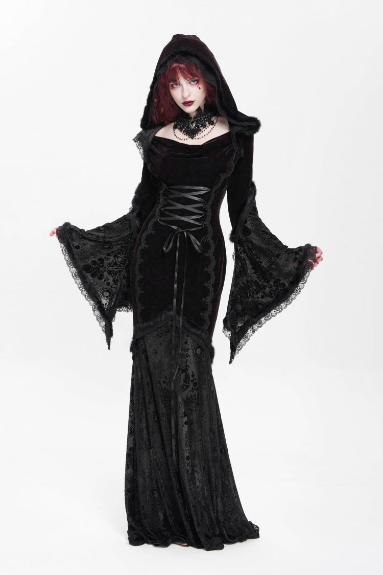 Black/Red Long Trumpet Sleeves Embroidery Stitching Lace Hooded Mesh Women's Gothic Dress - Black/Red - 1
