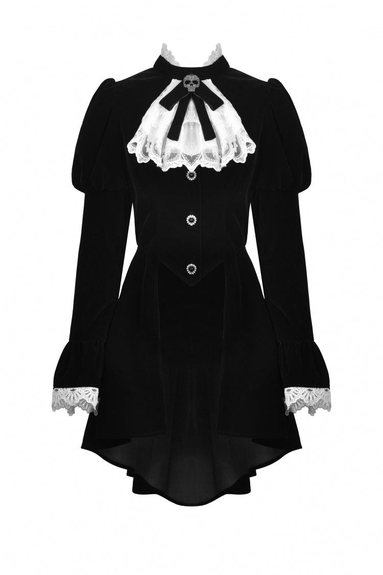 ブラック／ホワイト Frilly 襟 Skull 蝶ネクタイ ロング パフスリーブ レース レースアップ レディース ゴシック ヴィンテージ ベルベット ジャケット 商品画像