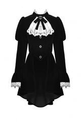 Black/White Frilly Collar Skull Bow Tie Long Puff Sleeves Lace Lace-Up Women's Gothic Vintage Velvet Jacket - Product - 3