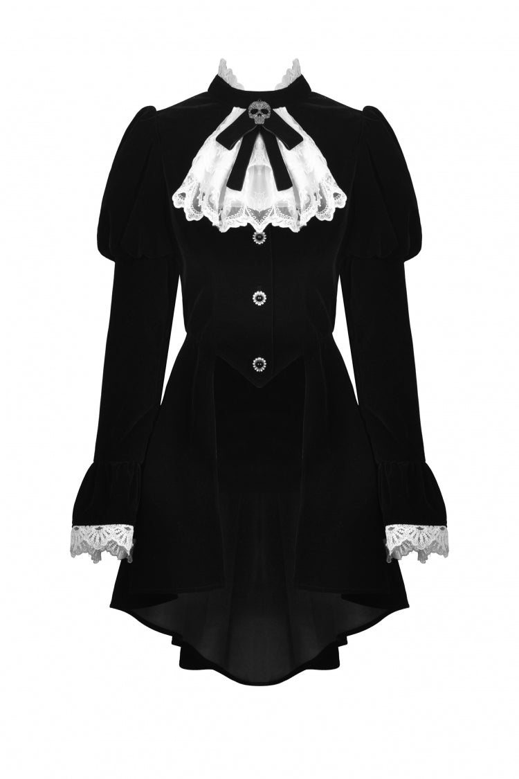 Black/White Frilly Collar Skull Bow Tie Long Puff Sleeves Lace Lace-Up Women's Gothic Vintage Velvet Jacket - Product - 3