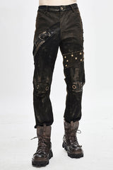 Brown Metallic Spiked Ragged Punk Slim Mens Pants - Brown - 1
