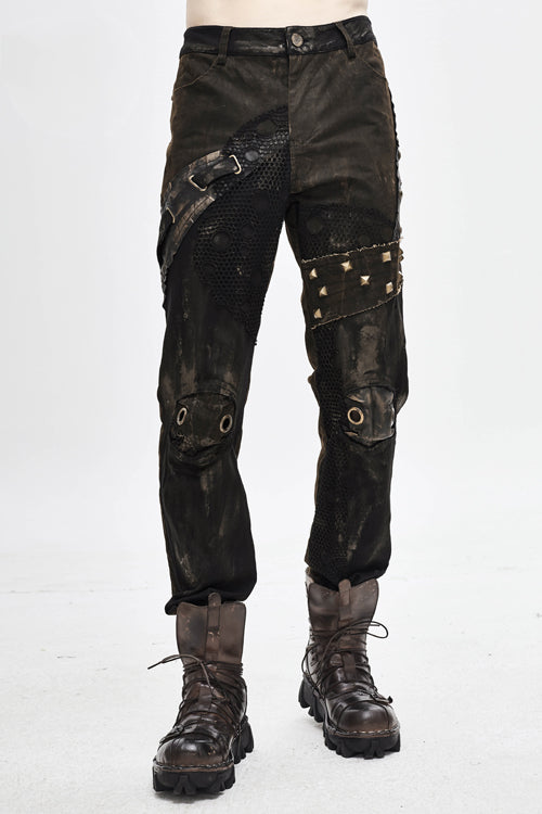 Brown Metallic Spiked Ragged Punk Slim Mens Pants - Brown - 1