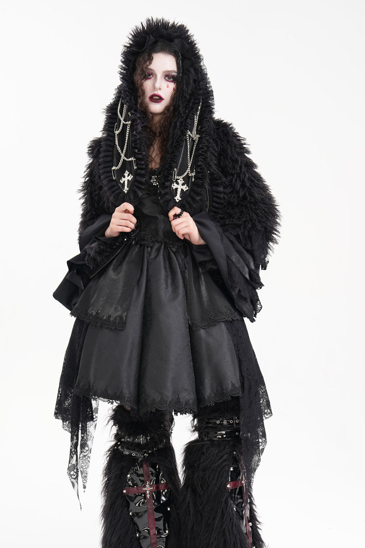 Black Long Sleeves Lace Hooded Zipper Chain Women's Gothic Jacket - Product - 10