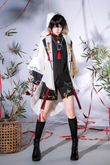 Black/White [Mountain Spirit] Long Sleeves Embroidered Hooded Classic Chinese Inspired Ouji Lolita Shorts Set - Product - 7