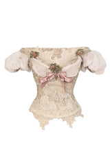 Light Brown [Cupid’s Poetry Box] Boat Neck Short Puff Sleeves Ruffled Cut-Out Embroidered Bow Lace Gothic Elegant Lolita Skirt Dress and Top Set - Top - 11