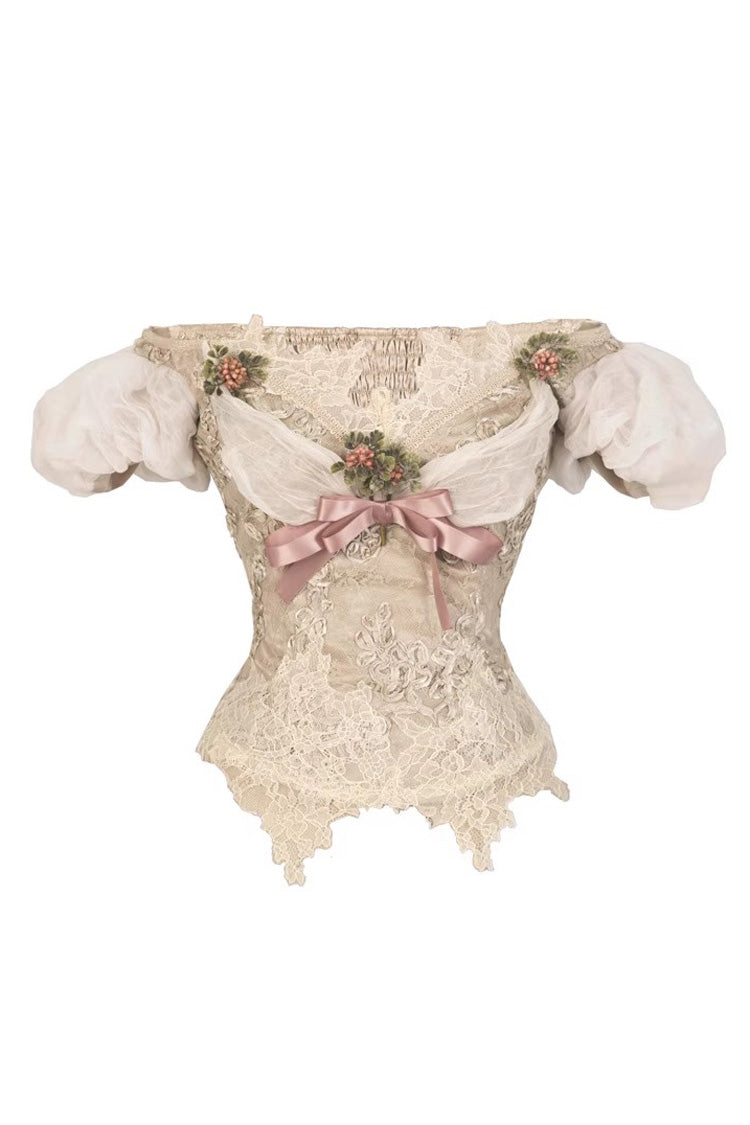 Light Brown [Cupid’s Poetry Box] Boat Neck Short Puff Sleeves Ruffled Cut-Out Embroidered Bow Lace Gothic Elegant Lolita Skirt Dress and Top Set - Top - 11