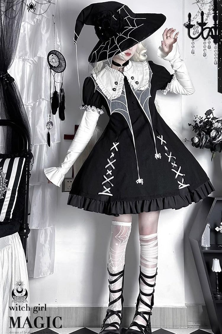 Black Short Sleeves Spider Witch Print Ruffle Gothic Lolita Dress - Product - 2