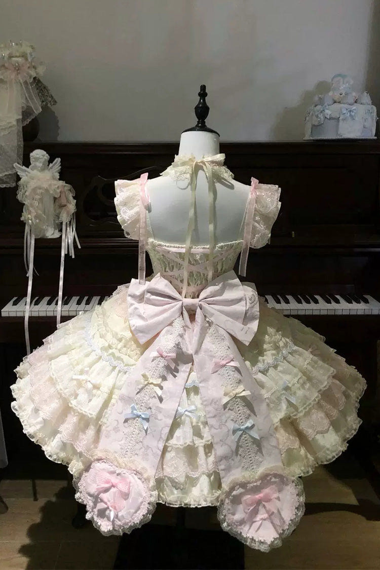 Apricot/Pink [Cloudwhale Dreamweaver] Square Collar Multi-Layered Ruffled Bow Lace Sweet Lolita Jsk Dress - Product - 2