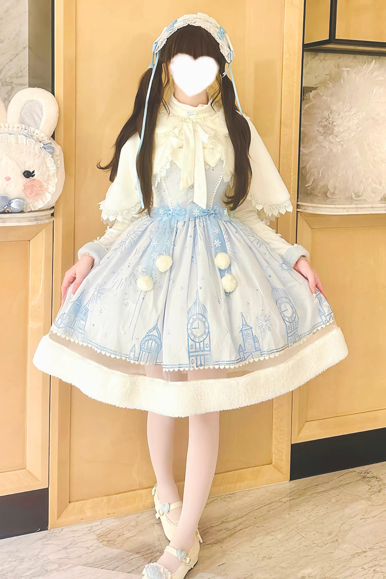 Blue [Snow Castle] Sleeveless Printed Embroidered Bow Lace Sweet Lolita Jsk Dress - Product - 4