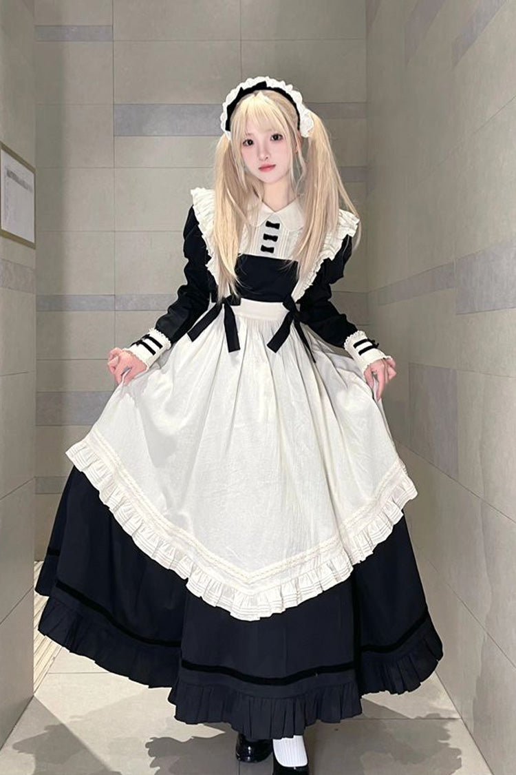 Black Maid Lapel Collar Short Sleeves Ruffle Sweet Classic Lolita Dress (Short or Long Version) - Black - 6