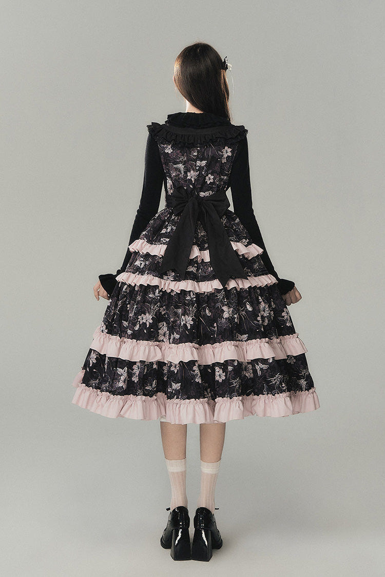 Black [Sacred Heart Lily] Round Collar Sleeveless Multi-Layered Printed Ruffled Embroidered Sweet Chinese Inspired Lolita Jumper Dress - Product - 9