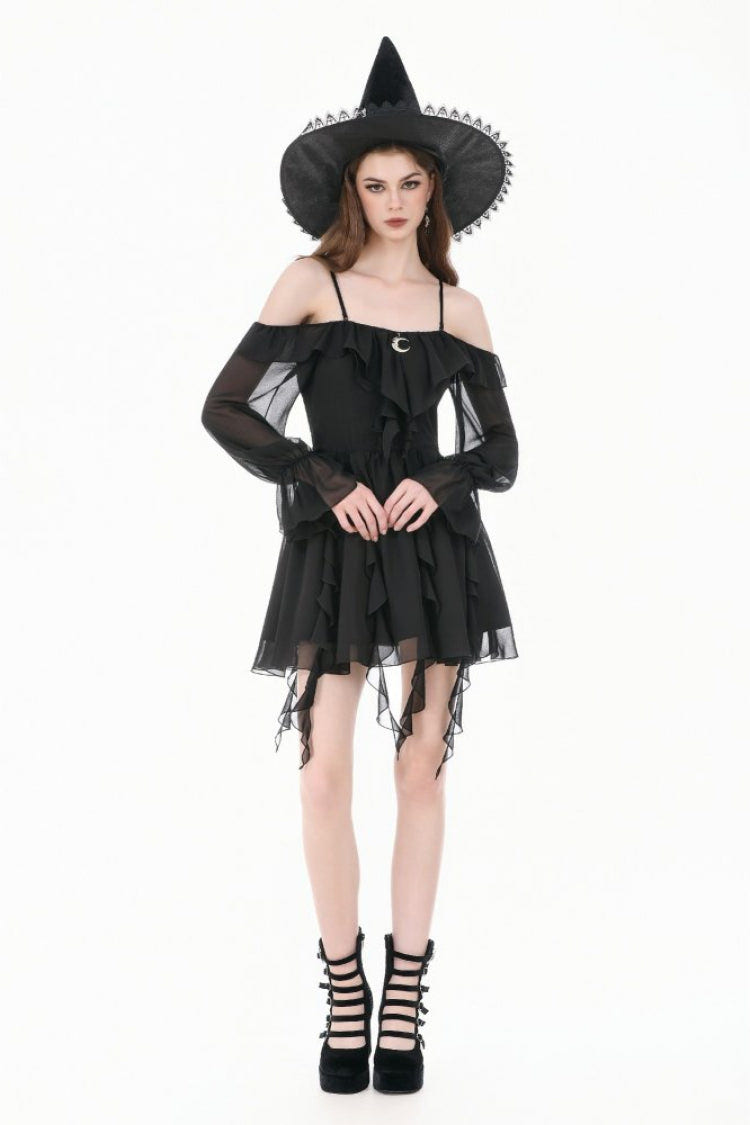 Black Moon Charm Off Shoulder Long Puff Bishop Sleeves Layered Ruffled Hem Women's Gothic Slip Dress - Product - 6