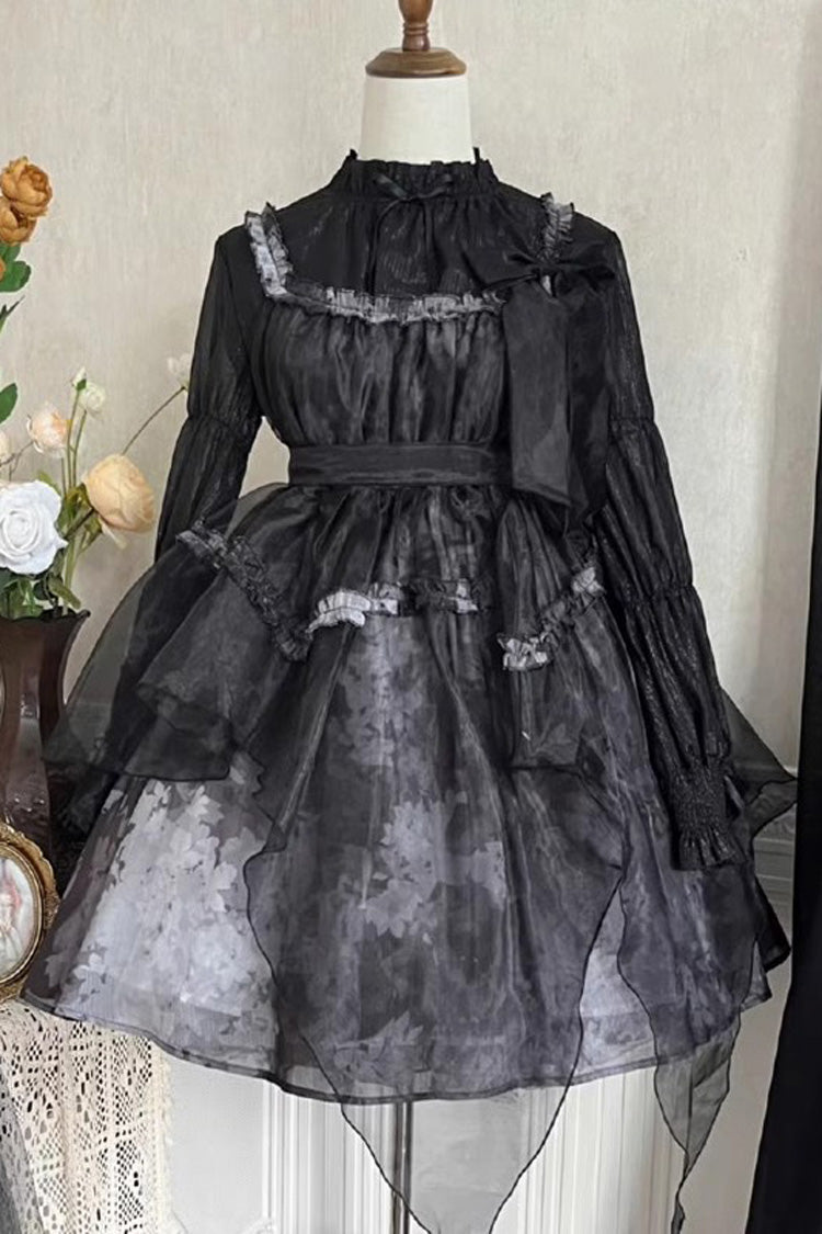 Black Stand Collar High Waisted Dead Leaves Print Tulle Gothic Princess Lolita Jsk Dress - Product - 7