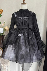 Black Stand Collar High Waisted Dead Leaves Print Tulle Gothic Princess Lolita Jsk Dress - Product - 7