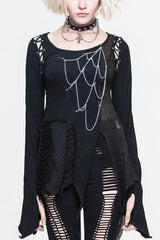 Black Sexy Asymmetrically Broken Holes Spiderweb Shape Chains Women Punk T-Shirt - Black - 1