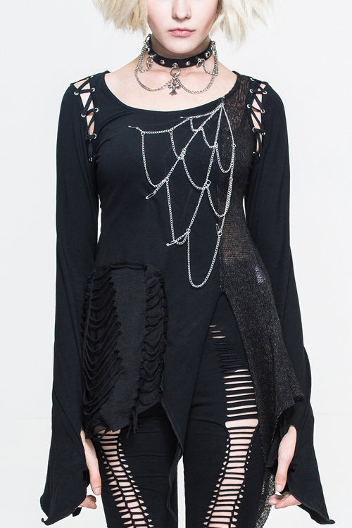 Black Sexy Asymmetrically Broken Holes Spiderweb Shape Chains Women Punk T-Shirt - Black - 1