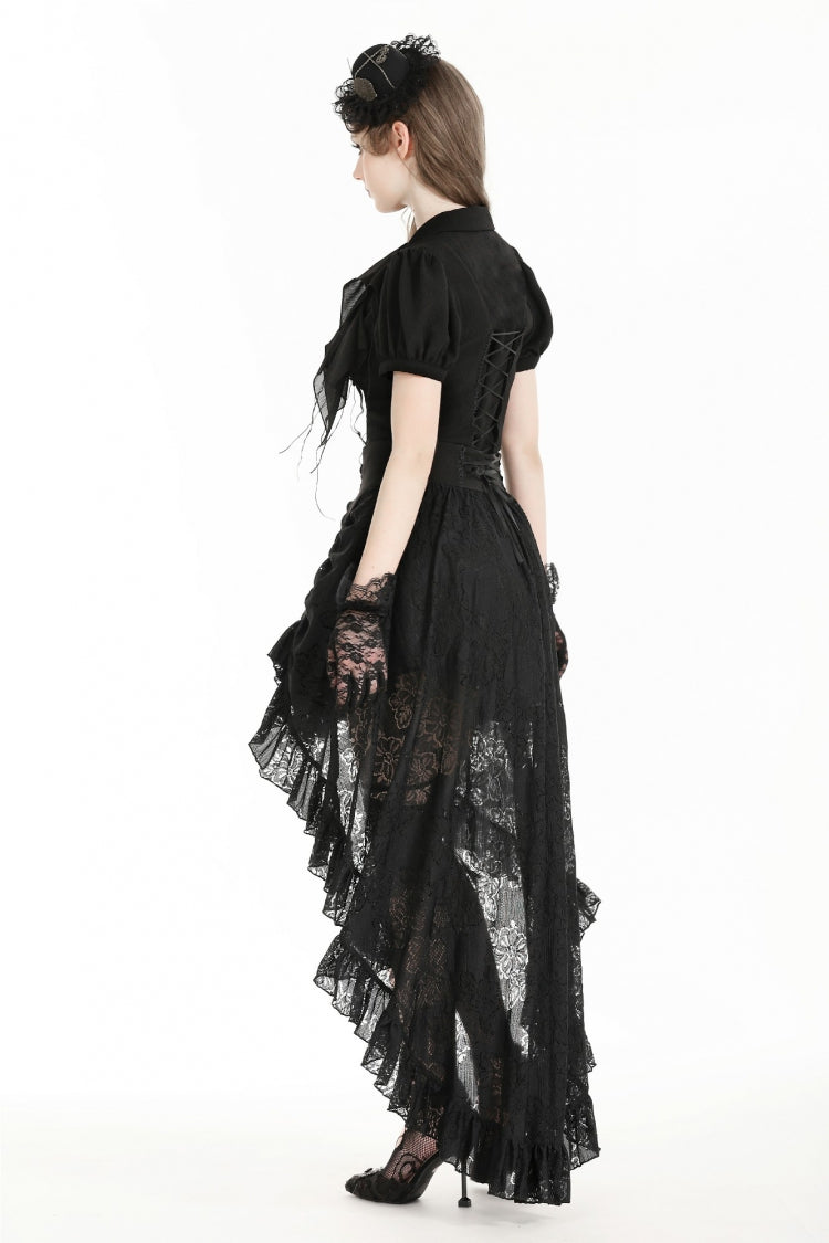 Black Women's Gothic Princess High Waisted Lace Lace-Up Buckled High/Low Tail Hem Maxi Skirt - Product - 9
