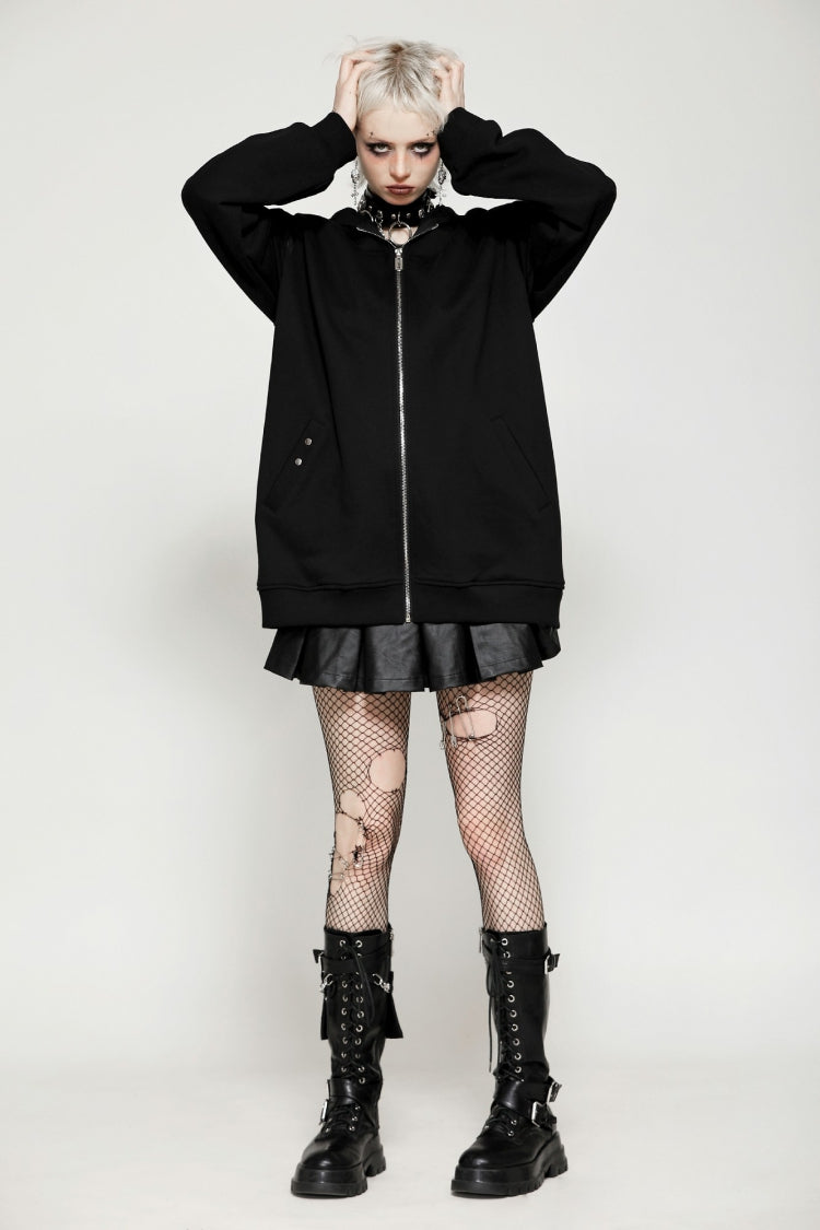Black Long Sleeves Zippered Women's Gothic Batwing Hoodie - Product - 5