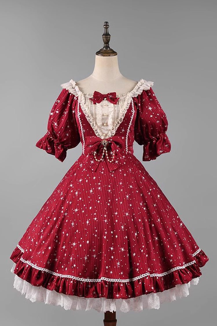 Midsummer Galaxy Shiny Star Print Short Sleeves Ruffle Bowknot Sweet Lolita OP Dress - Wine - 1