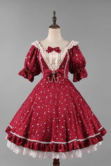Midsummer Galaxy Shiny Star Print Short Sleeves Ruffle Bowknot Sweet Lolita OP Dress - Wine - 1