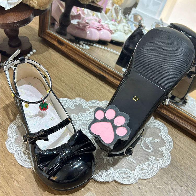 Round Toe Bow Mid Heel Lolita Mary Jane Shoes with Cat Paw Heels & Ankle Bells 6 Colors - Black - 2