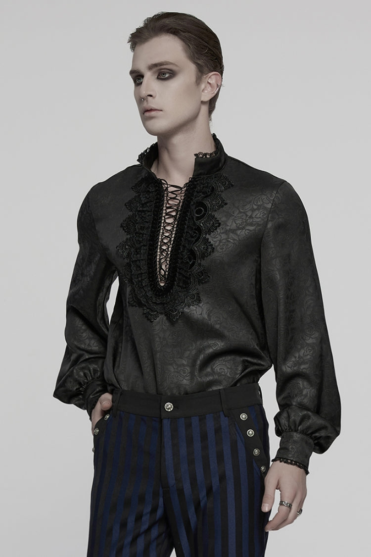 Black Stand Collar Long Sleeves Ruffle Embroidery Lace-Up Plunging Rose Men's Gothic Blouse - Product - 2