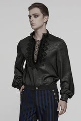 Black Stand Collar Long Sleeves Ruffle Embroidery Lace-Up Plunging Rose Men's Gothic Blouse - Product - 2