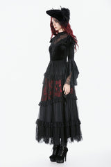 Black Multi-Layered Long Flare Sleeves Embroidered Sheer Mesh Splice Velvet Women's Gothic Top - Product - 2